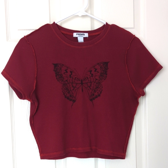 RSQ Other - RSQ Maroon Textured Crop Top with Butterfly Design